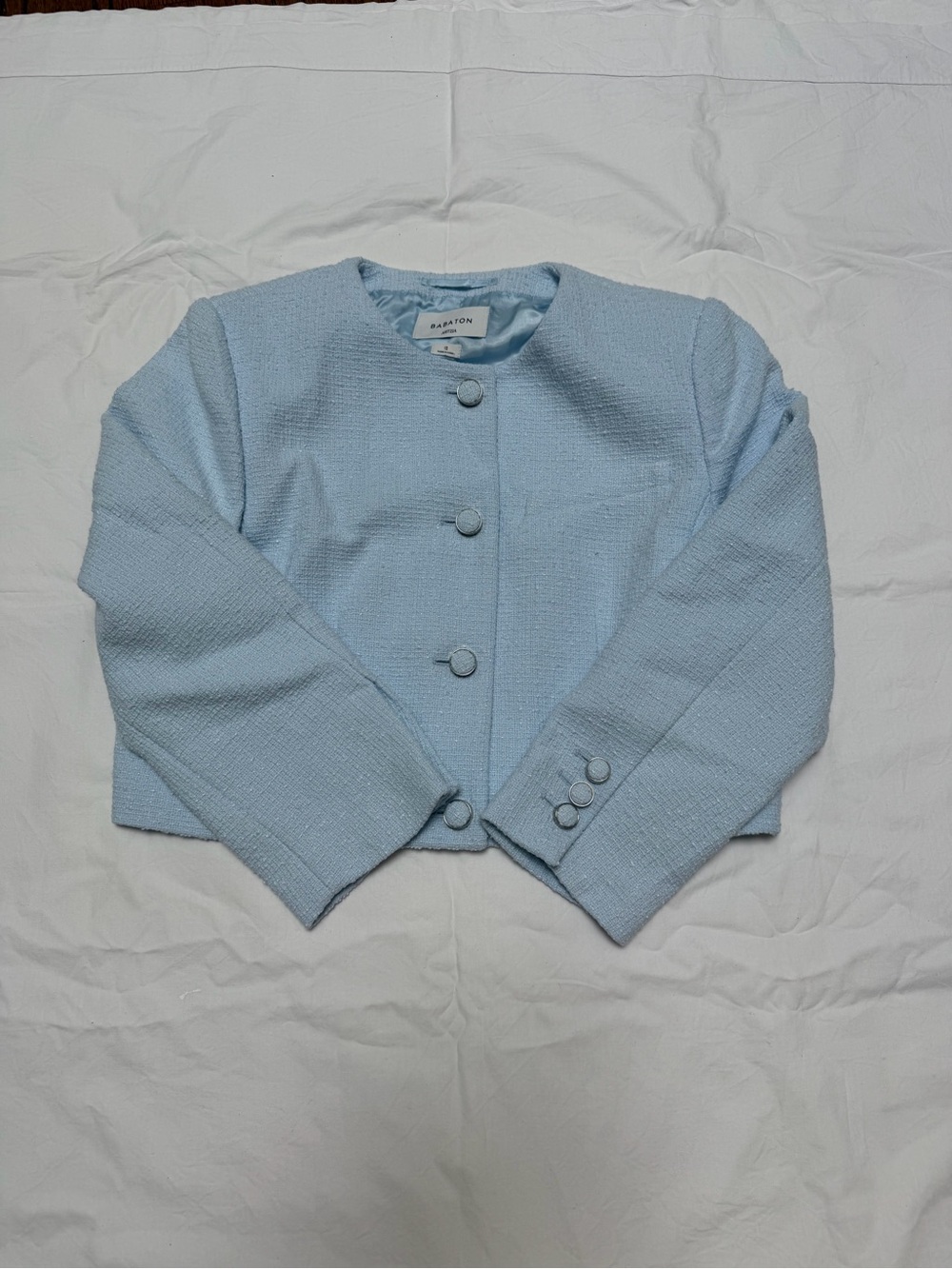 Babaton Pastel Blue Cropped Bouclé Blazer